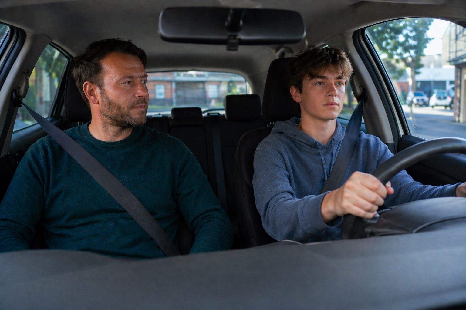 Young 17-year-old driver behind the wheel with an adult accompanying them in the passenger seat