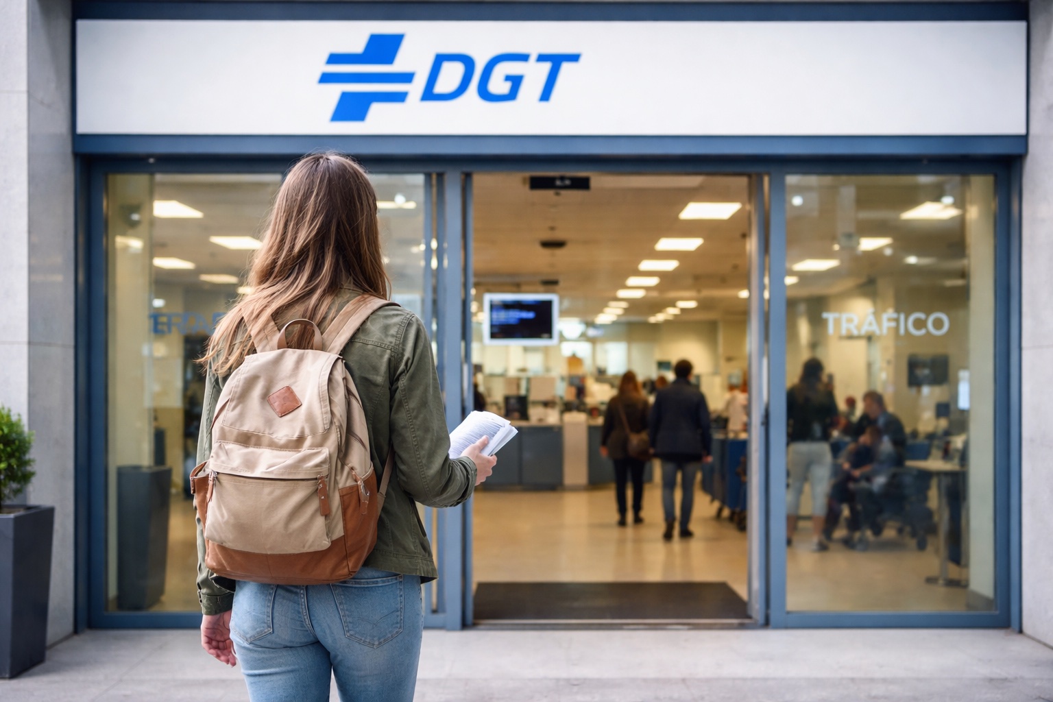 Student entering a DGT office to take the theory test independently
