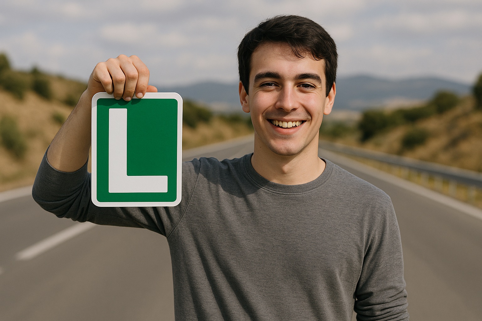 Student with L learner sign on a road