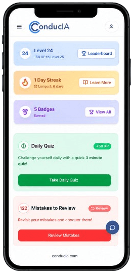 Gamified dashboard with levels, streaks and daily quiz in ConducIA